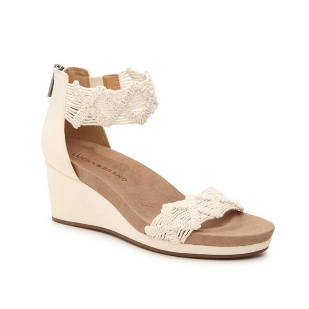 NEW Lucky Brand Wedge Sandals Sz 7.5 Kaydyn Boho Macrame Crochet Ankle Strap